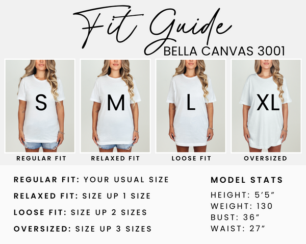Size guide for bella canvas 3001 tshirts with model statistics and fit options.